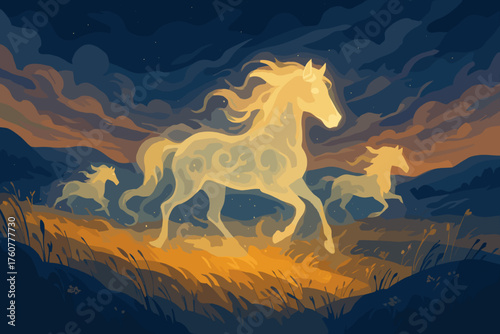 Mythical glowing horses running in the moonlit field at dusk