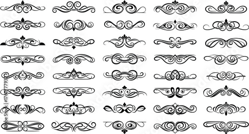 Ornate Flourishes Collection Set of Black Calligraphic Elements on Transparent Background