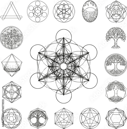 Isolated a kinds of deferent Sacred Geometry. Metatrons Cube, stroke vector, a mystical symbol, derived from the Flower of Life. All thirteen circles are connected with straight lines. vector art.