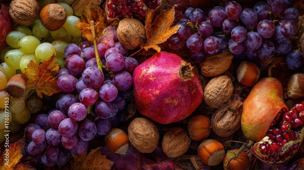 Fototapeta premium assortment of fruitsgrapes and nutsautumn fruitsautumn seasonal harvest no logos no brands ar 169