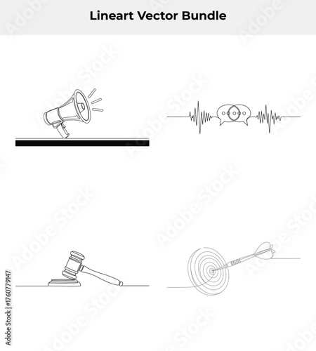 Single Line Art Design Elements with Megaphone, Judge Gavel, Dart Board, Speech