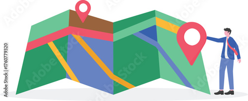 Man with hat holding map sitting on location pin illustration for appreciation of World Tourism Day celebration
