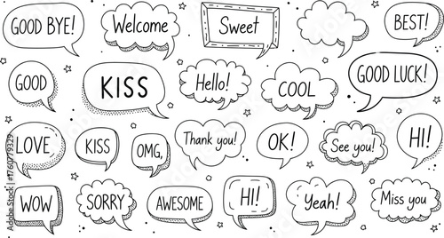 Speech Bubbles Set with Messages, Greetings, and Emotions on Transparent Background