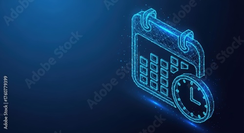 Futuristic digital calendar and clock icon glowing in blue