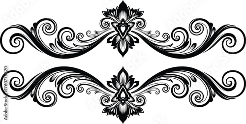 Two Symmetric Floral Ornament Dividers with Swirls in Black and White Style