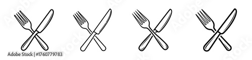 A set of four identical line art illustrations of a fork and knife crossed over each other, presented horizontally.