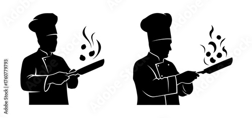Two black silhouette illustrations of chefs cooking or tossing food in frying pans with steam rising, depicting culinary activity.