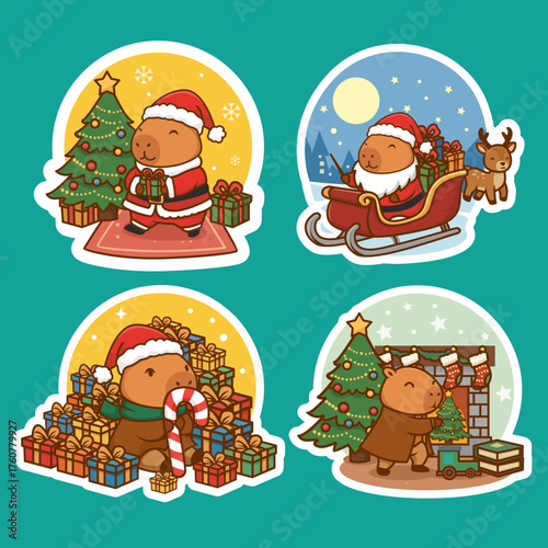 Cute Capybara Santa Delivering Christmas Gifts with Festive Tree