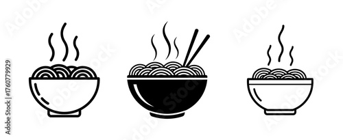 Three stylized icons of steaming bowls of noodles, one with chopsticks, representing hot food.