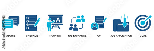 Career icon set vector illustration concept for advice, checklist, training, job exchange, cv, job application and goal