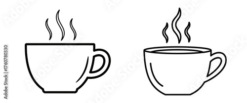 Two line art drawings of coffee cups with steam rising, depicting hot beverages.
