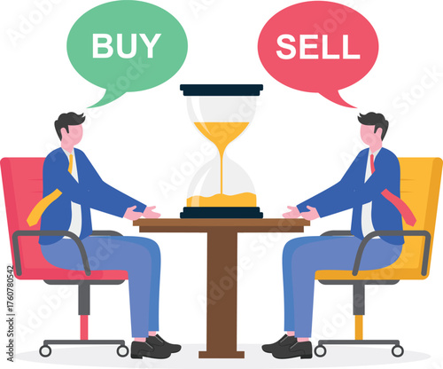 Businessman holding chat dialog with BUY and another with SELL standing near hourglass illustration of deadline and trading time
