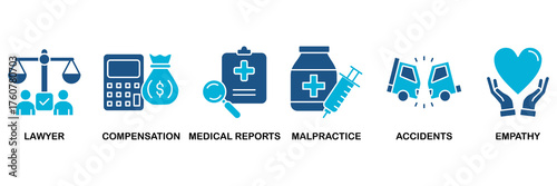 Personal injury law icon set vector illustration concept for lawyer, compensation, medical reports, malpractice, accidents and empathy