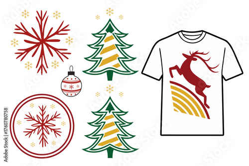 Retro Christmas Graphic Set and T-Shirt Design with Reindeer and Stylized Tree