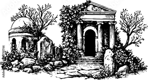 Engravings of ancient architecture amidst nature. Vintage black and white illustration featuring stone ruins and trees in a detailed vector set.