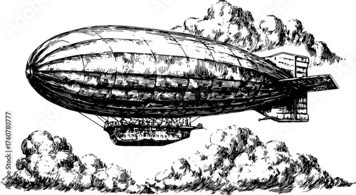 Vintage airship illustration in black and white outline, showcasing a blimp amidst clouds. A perfect retro vector set for graphic design.