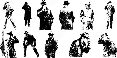 Detective man in vintage style. Black and white vector illustration set showing various poses and serious expressions, creating a mysterious atmosphere.