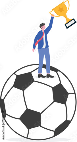 football player holding a ball and tactic board while sitting on a trophy illustration of strategy to win a football league or tournament
