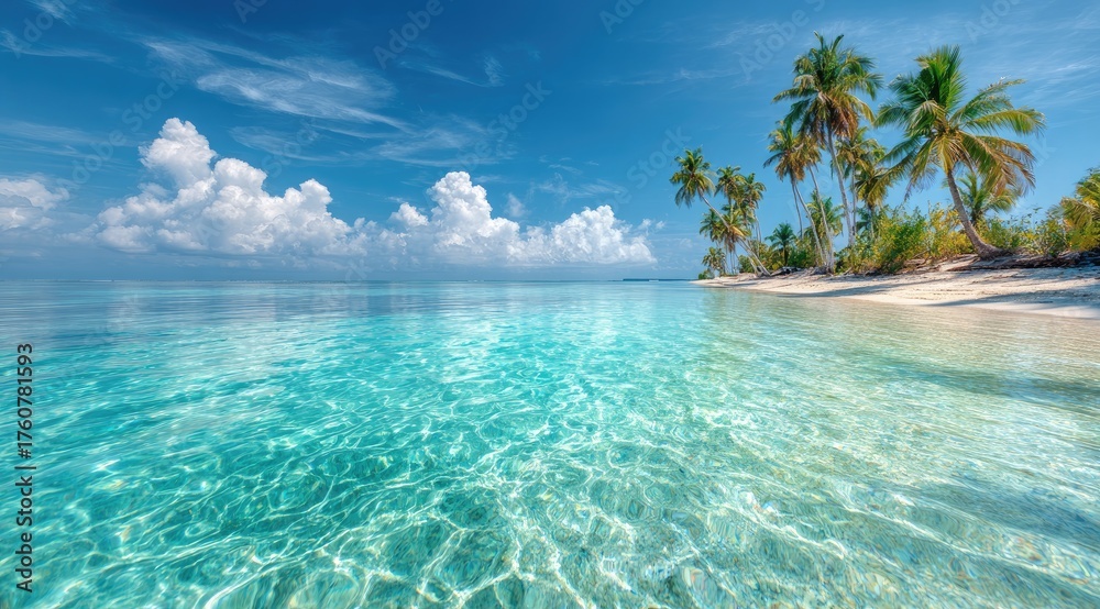 Fototapeta premium Tropical beach, turquoise water, palm trees, bright sky