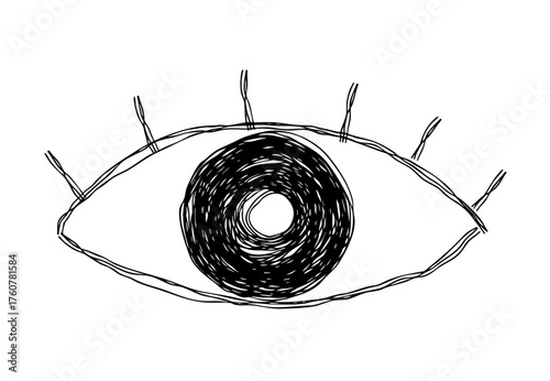 睫毛の生えた目の線画アイコン。複数の線が重なったモノクロの落書きベクターイラスト