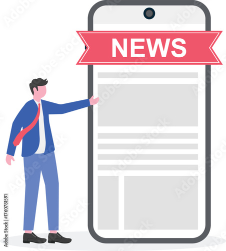 Businessman placing a board with text news on a newspaper containing candlestick illustration of stock index market update
