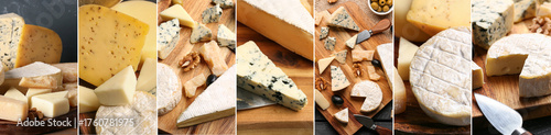 Photos Different types of tasty cheese, nuts and grapes on light background