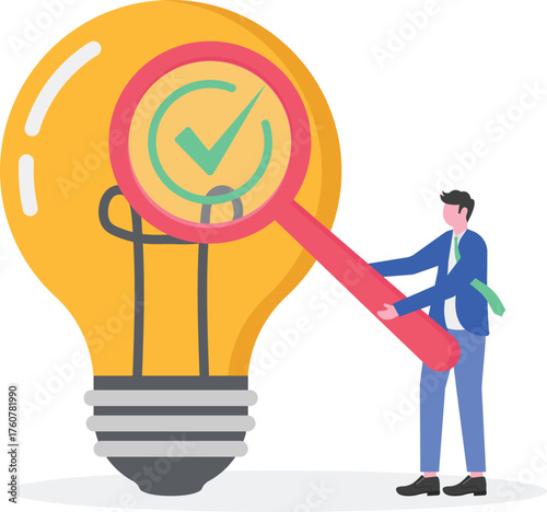 Businessman using magnifying glass to observe checklist sign on a lamp while businesswoman hold pencil near lamp,
