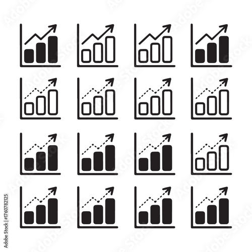 Vector art of grid of bar chart icons illustrating financial growth