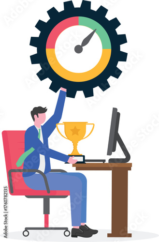Businessman standing beside level indicator near trophy illustration of monitoring performance to maintain status as leading company
