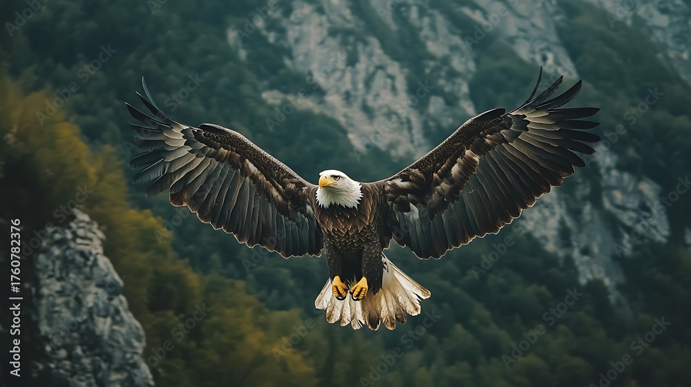 Fototapeta premium Majestic bald eagle soaring through mountainous landscape wildlife nature photography capture beauty