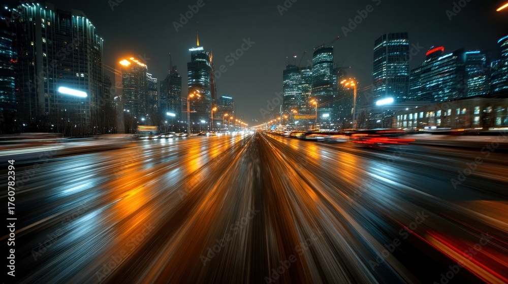 Fototapeta premium A dynamic night cityscape featuring illuminated buildings and a blurred road, conveying a sense of speed and urban energy.