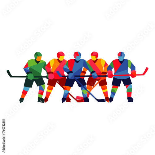 Vibrant illustration depicts five abstract ice hockey players in dynamic geometric shapes, showcasing the speed and teamwork of the exhilarating sport.