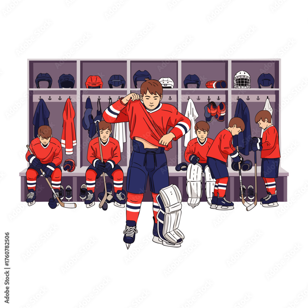 Obraz premium A group of young ice hockey players are diligently preparing for their game in a vibrant locker room, donning their uniforms and gear with focus.