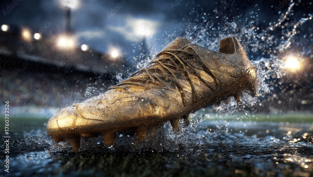 Fototapeta premium A golden soccer cleat, muddy and wet, on a rain-slicked field at night. Stadium lights illuminate the scene