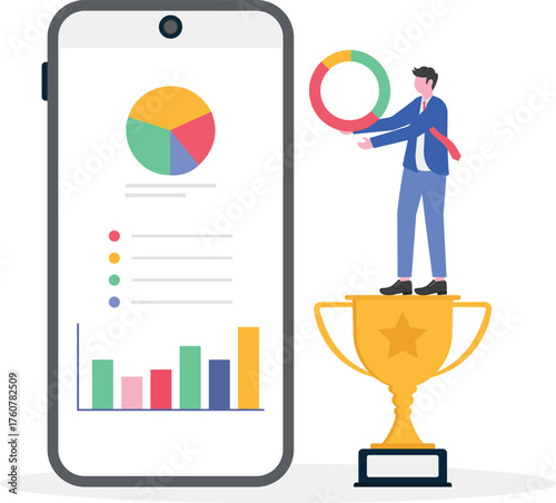 Businessman standing near a trophy arranging a chart on an app interface illustration of monitoring and analyzing performance statistics as a leading business company

