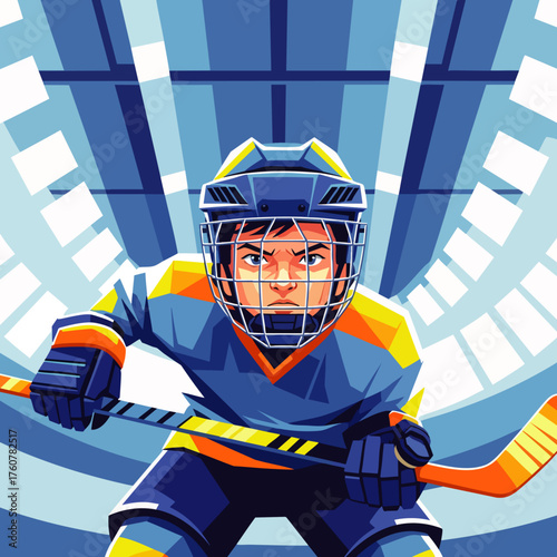 A determined young ice hockey player, fully equipped in protective gear and helmet, intensely grips his stick, poised for dynamic action on the vibrant ice rink.