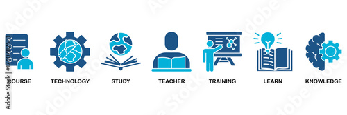 Online education icon set vector illustration concept for course, technology, study, teacher, training, learn and knowledge