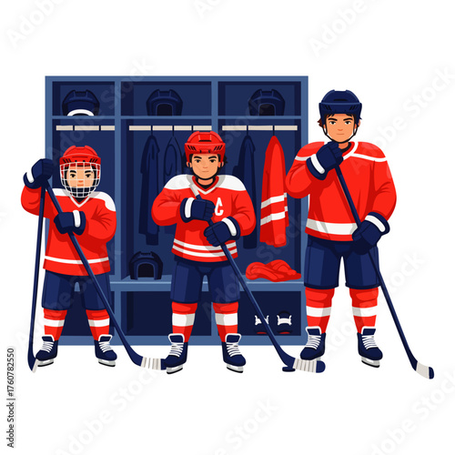 Three determined ice hockey players in full uniform stand ready with their sticks in a locker room, symbolizing teamwork and professional sports training.
