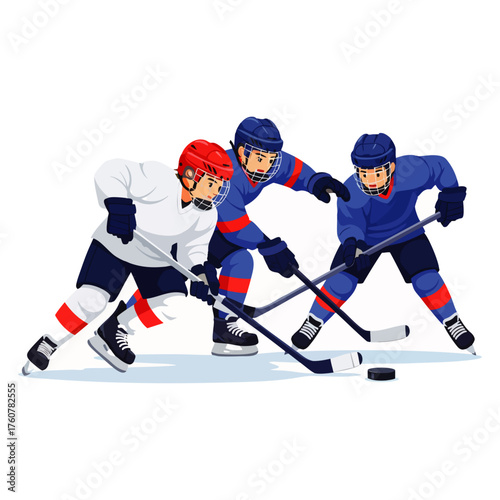 Three energetic ice hockey players in full gear skillfully compete for the puck during an intense game or practice session on the rink.