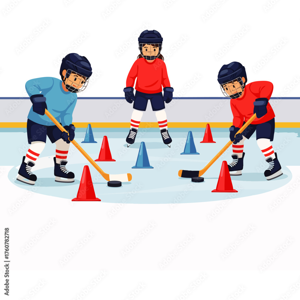 Fototapeta premium Young ice hockey players, two boys and a girl, enthusiastically practice stickhandling drills with pucks and cones on a vibrant ice rink, developing their game skills.