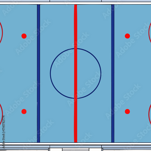 An immaculate ice hockey rink, viewed from above, displays its iconic red and blue lines, center circle, and face-off dots, awaiting players.