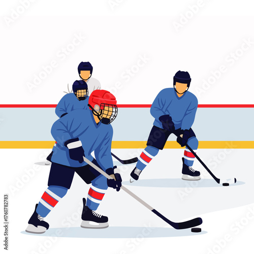 Dynamic ice hockey players in blue uniforms fiercely compete on a bright rink, showcasing teamwork and skill during an intense game or practice session.