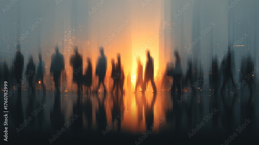 Fototapeta premium Silhouettes of people against a glowing sunset, creating a mysterious and dynamic urban scene.