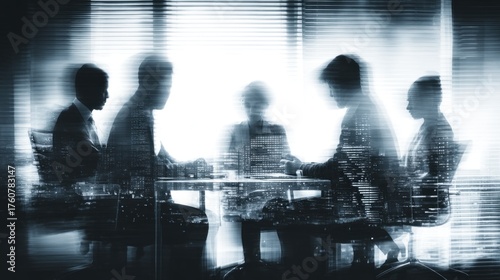 Wallpaper Mural A shadowy silhouette of business professionals in a meeting, set against a blurred cityscape backdrop, conveying a sense of collaboration and corporate focus. Torontodigital.ca