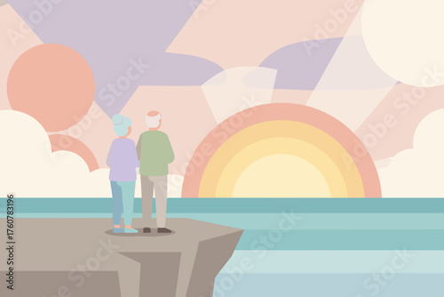 Peaceful senior couple watches a colorful ocean sunset from a cliff retirement lifestyle