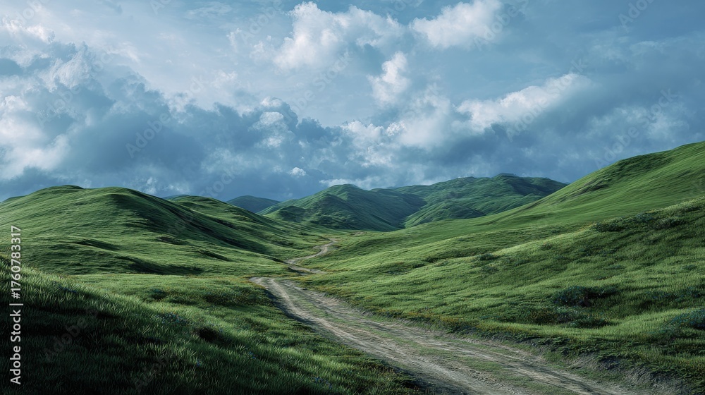 Fototapeta premium winding dirt road through rolling green hills under a cloudy blue sky landscape view