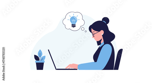 Business idea concept Woman working on laptop with lightbulb visualization