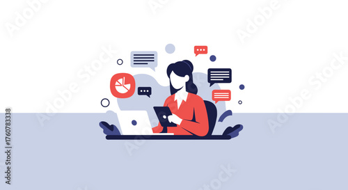 Woman multitasking with laptop and tablet managing communications and data analysis