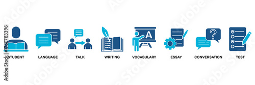 English class icon set vector illustration concept for student, language, talk, writing, vocabulary, essay, conversation, test