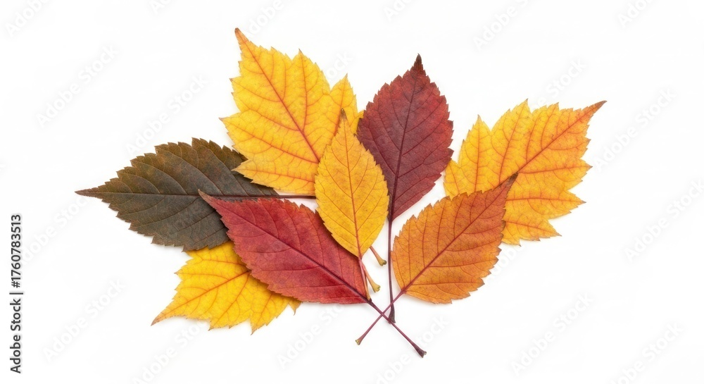 Fototapeta premium Autumn Cluster of colorful tree leaves with visible veins on a white surface